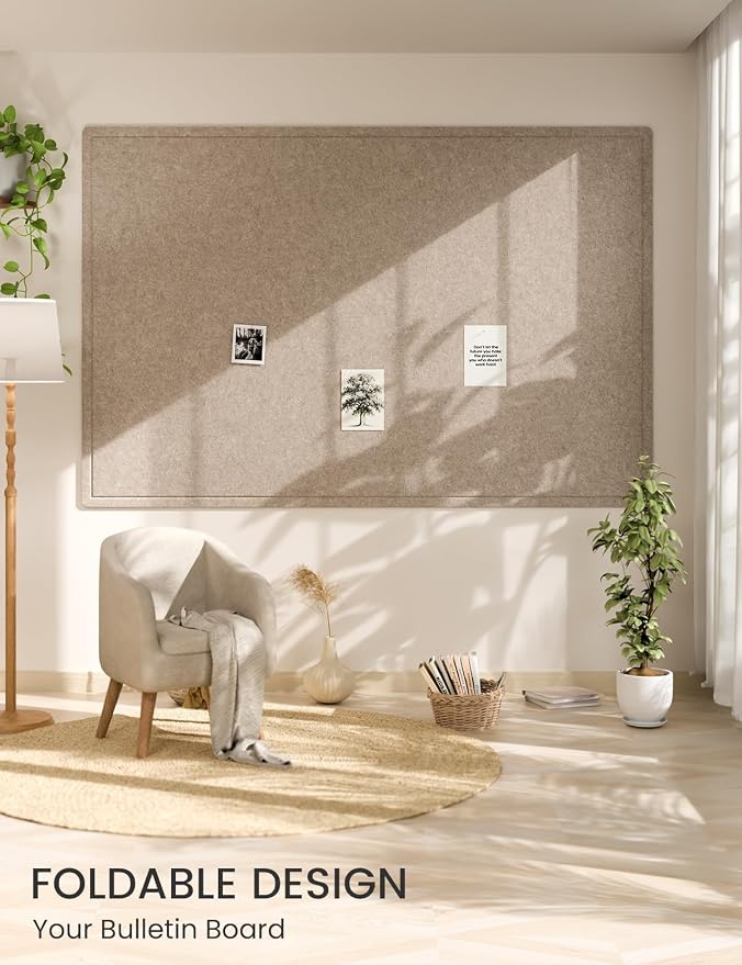 Fluxynara 70.8" x 47.2" Large Bulletin Board, Taupe | Cork Board Alternative with 48 Removable Adhesive Tabs, Foldable Felt Pin Board for Home, Office, Classroom & Dorm