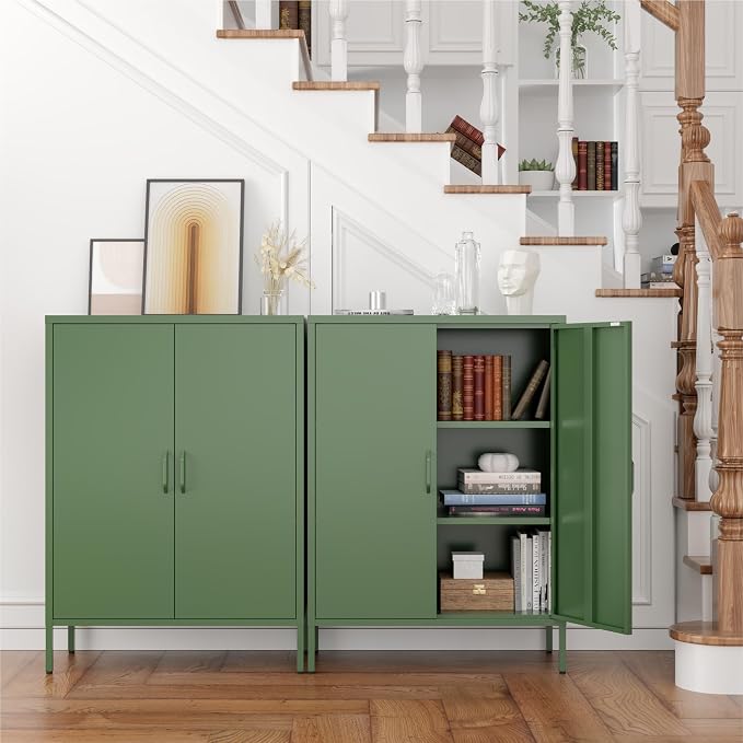 Washsemba Metal Storage Cabinet with Doors and Shelves,Multipurpose Storage Rack, 3-Tier Shelf,Metal Locker Style Accent Cabinet for Home Office,Living Room,Kitchen (Forest Green, 40''H)
