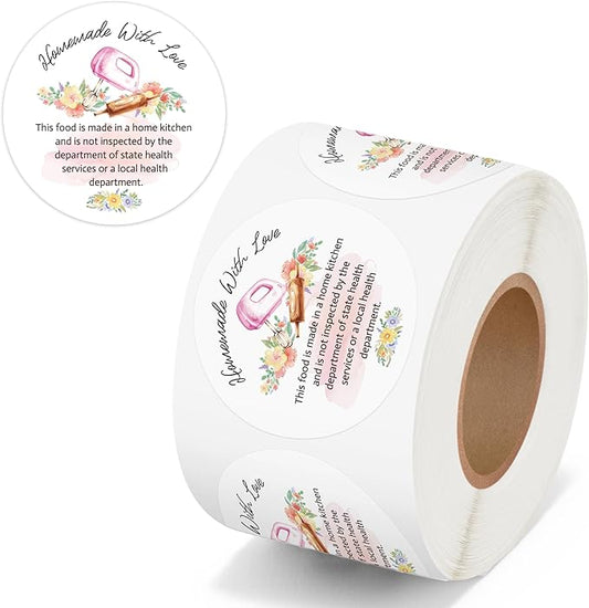 PANTIDE Watercolor Flower Cottage Food Law Labels Sticker - 500Count Homemade with Love Adhesive Round Decal Roll, Made in A Home Kitchen Inspection Statement Thermal Printed for Packaging(2 x 2 Inch)