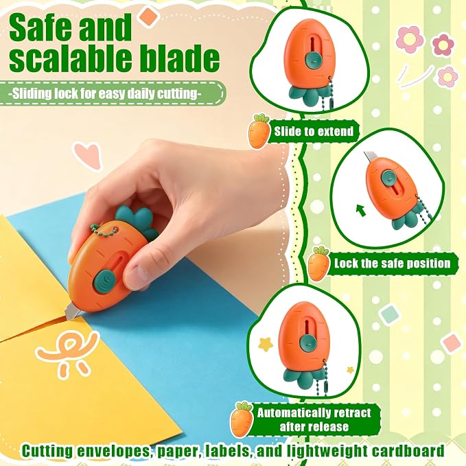 Maitys 6 Pcs Cute Fruit Vegetable Shaped Retractable Box Cutter, Mini Portable Utility Knife for School Office Package Opening Stationery Gift (Avocado, Strawberry, Radish, Corn, Carrot, Pineapple)