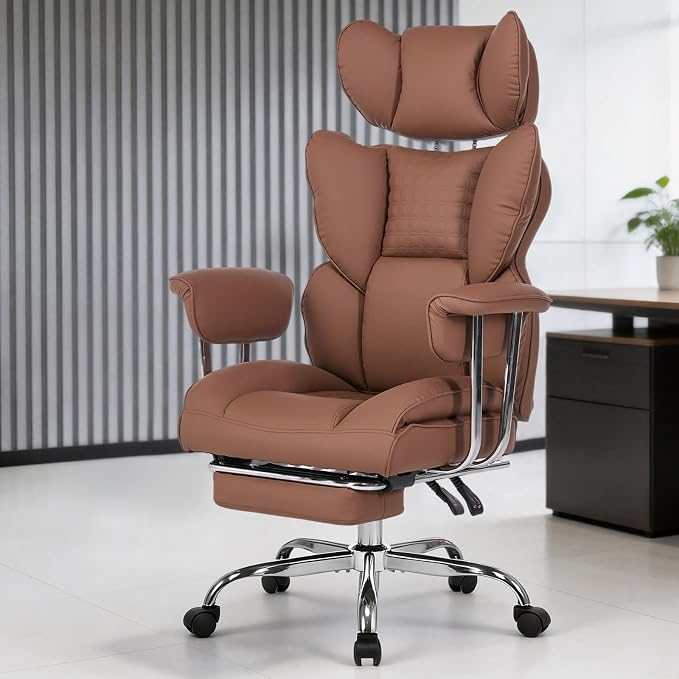DUMOS Big and Tall Home Office Desk Chair, Executive Chair with Footrest | Scratch-Resistant PU Leather, Ergonomic Reclining, Pocket Spring Support, 400 LBS Weight Capacity, Brown