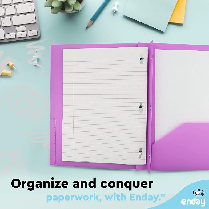 Plastic Folders with Pockets and Prongs Purple - Two Pocket Folder with Brads - 3 Prong Folders with Pockets for Letter Size Sheets, Also Available in Blue, Green, Red, Pink, and Grey, 1 Pc –by Enday