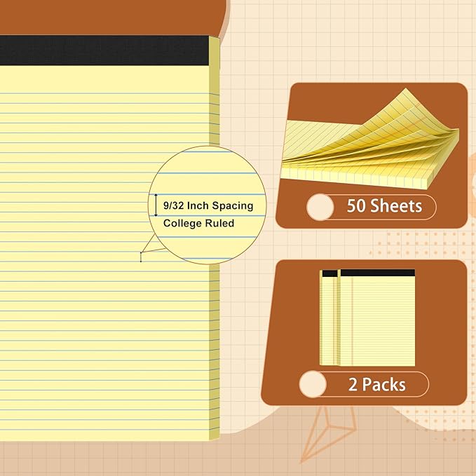 Legal Pads 8.5 X11, Narrow Ruled Notepads, 2 Pack, 50 Sheet/Pad, Yellow Legal Pads, Tear Off Notepad, Perforated Writing Pad, Notebook Paper College Ruled, Notepads for Office Home School, Notepad