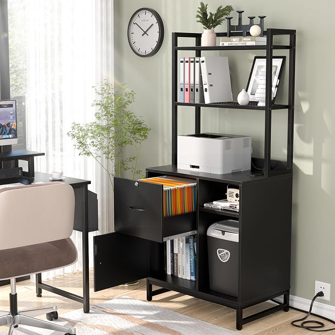 Vertical Filing Cabinet with Bookshelf for Home Office, Black | File Cabinet with Shelves, Lock & Charging Station, Drawer Office File Cabinets with Printer Stand, fits Letter Size