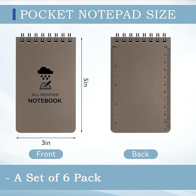 6 Pack Waterproof Notebook, 3 x 5 Pocket Notepad, Top-Spiral Weatherproof NotePad, All Weather Police Pocket Notebook Little Memo Steno Note Pads for Outdoor Office School Recording, Brown