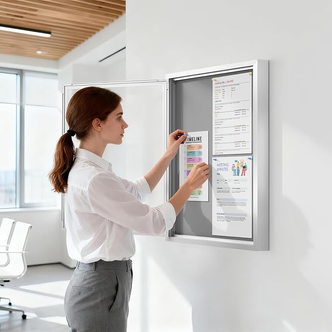 SWANCROWN Enclosed Bulletin Board Outdoor Felt Notice Board, 28x20 in | Weather Resistant, Aluminum frame, Wall Displays Board, With Locking Door, Pin Board, For Office School Business Community
