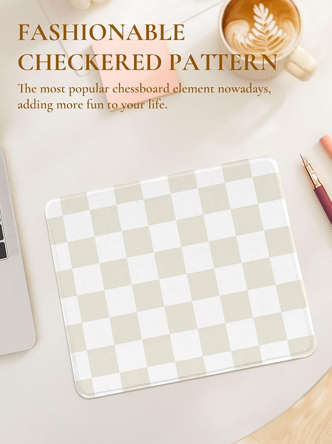 Cute Beige White Mouse Pad,Retro Checkered Pattern Mousepad,Square Aesthetic Plaid Waterproof Grid Mouse Mat Design, Non-Slip Rubber Base Computer Funny Boho Small Mouse Pads