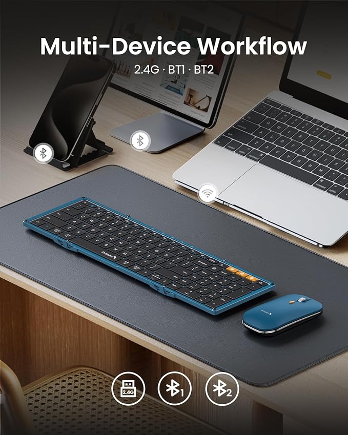 ProtoArc XKM01 Full-Size Foldable Keyboard Mouse Combo for Travel - Blue | 105-key keyboard, slim mouse, hard case and phone stand; 3-device Bluetooth & 2.4G switching, for travel office use