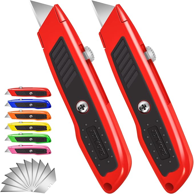 2 Pack Retractable Utility Knife with 10 Extra SK5 Blades, Heavy Duty Box Cutter with Aluminum Alloy Body, Sharp Razor Knife for Cardboard, Boxes, and Carpet