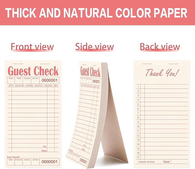 ZPARIK Guest Checks Books for Servers, Natural Color Paper, 24 Pack Pink | 24 Pack Guest Checks with 50 Sheets Per Book, Waiter Checkbook, Waitress Notepad for Restaurants, Perfect for Servers