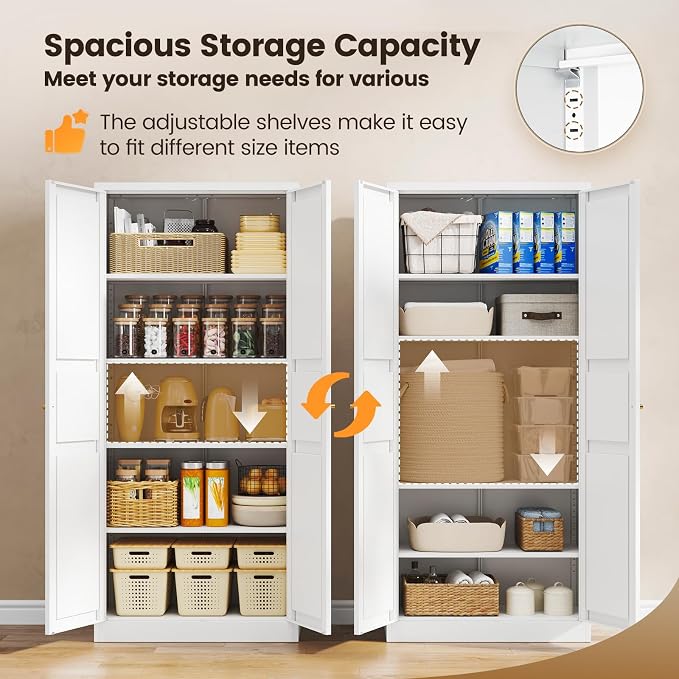 Metal Storage Cabinet - 71" White Kitchen Pantry with 2 Doors and 4 Adjustable Shelves, 4-Tier Tall Steel Locker for Living Room, Dining Room