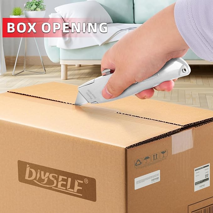 DIYSELF 20 Pack Heavy Duty Utility Knives, Retractable Box Cutters | Utility Knives for Cardboard, Paper, Leather and Vinyl, Box Opener for Garage, Home and Office, PVC Pipe Cutter (Silver)