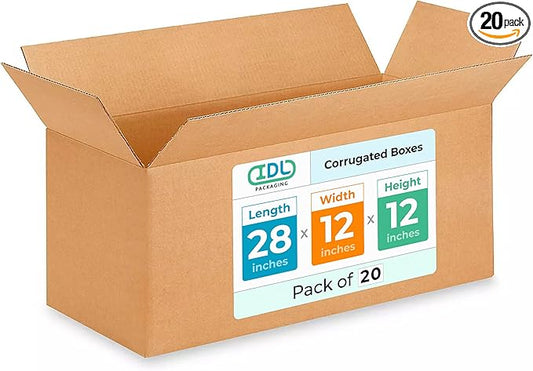 Long Shipping & Moving Boxes 28"L x 12"W x 12"H (20-Pack) - Extra Strength 200 lb vs Regular - USA-Made Corrugated Strong Packing Boxes for Moving - Heavy Duty Shipping Box by IDL Packaging