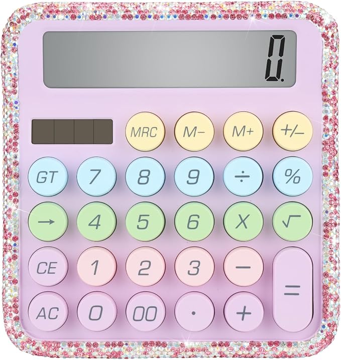 Bling Crystal Colorful Standard Calculator with 12 Digit Display and Big Buttons,Suitable for Office,School,Home & Business Use (Pink)