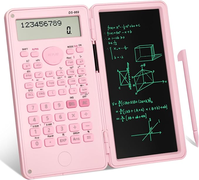 Scientific Calculator with LCD Writing Tablet Notepad, 240 Functions Foldable Math Calculator, Dual-Line 10+2 Digit Large Display, Portable for High School College Office(Pink)