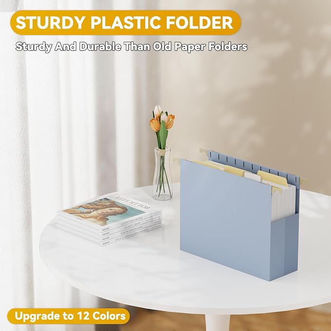 Extra Capacity Hanging File Folders Letter Size,3" Expansion Hanging File Organizer for Home Office,Plastic Filing Cabinet Folders with Tabs,12 Pack Pastel Heavy Duty Folders for File Box Frame