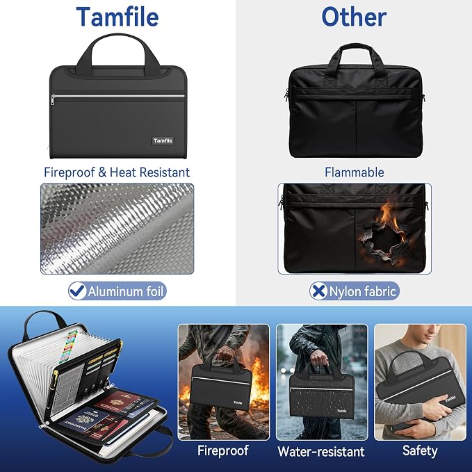 Tamfile Accordion File Organizer, Fireproof Important Document Organizer | Heat Insulation, 13 Transparent Pockets, Portable Home Travel Safe Storage Expanding File Folder for A4, Letter, Paper, Black