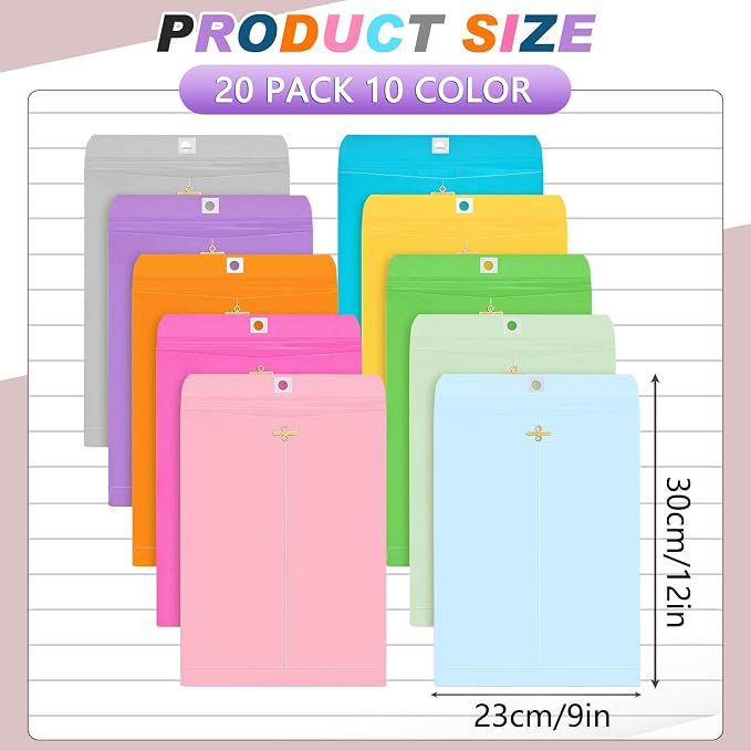 Geyee 20 Pcs 9 x 12 Inch Clasp Envelopes Letter Size Mailing Envelopes with Clasp Closure for Filing Storing Documents Office Home Business School (Mixed Colors)