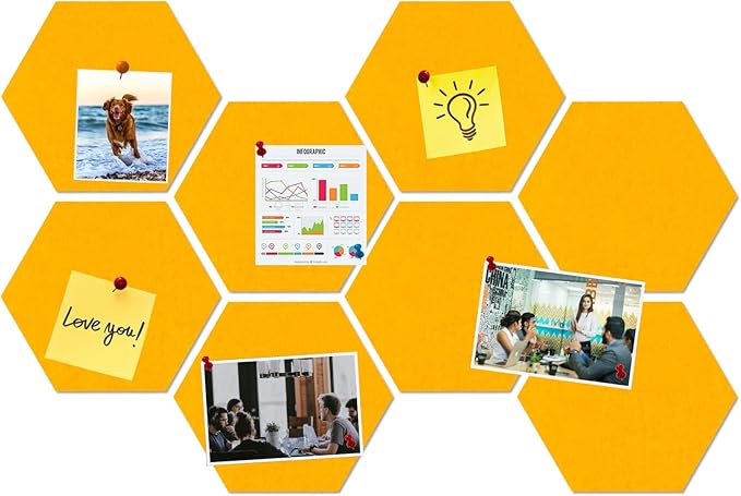 Large Hexagon Felt Cork Board Tiles, Self Adhesive DIY Felt Bulletin Board Pin Board with 35 Pushpins for Office School Home Wall Decor Stickers Memos Photos Display(Light Orange)