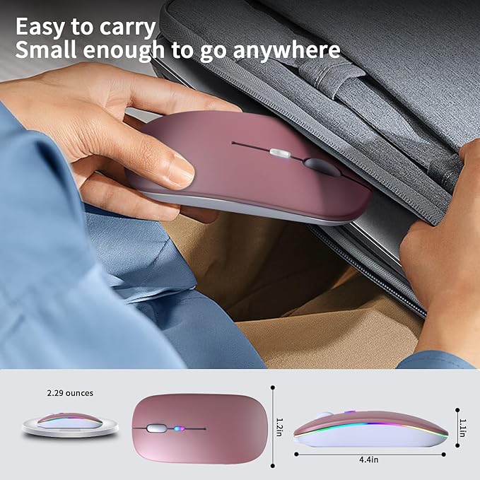 Wireless Bluetooth Mouse – Rechargeable, Silent, Dual Mode (Bluetooth 5.2 & USB) with LED Lights – Portable for Laptop, Desktop, & Tablet(Rose Gold)