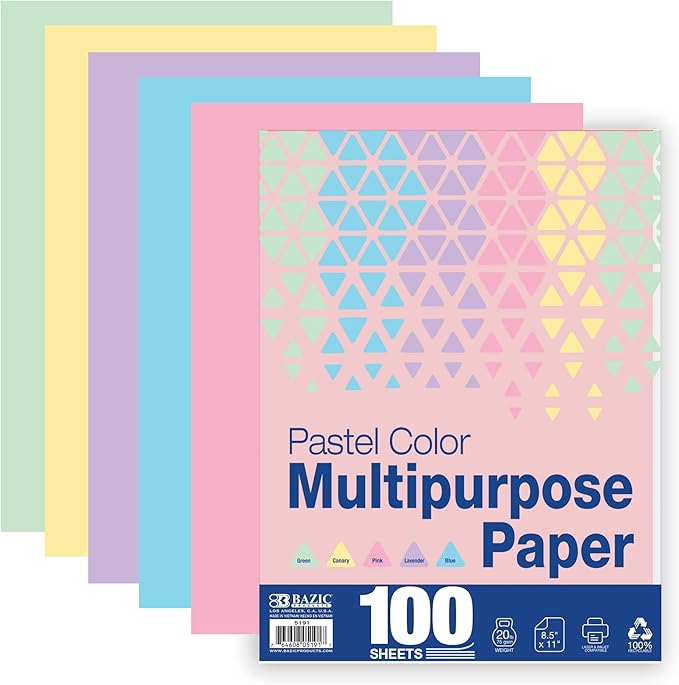 BAZIC Products Blank Paper Copy & Multipurpose Paper - 8.5" x 11" Pastel Color Printer Paper for Inkjet, Laser, and Fax Machines, Ideal for Office, School, and Crafts, 100 Sheets/Pack, 1-Pack