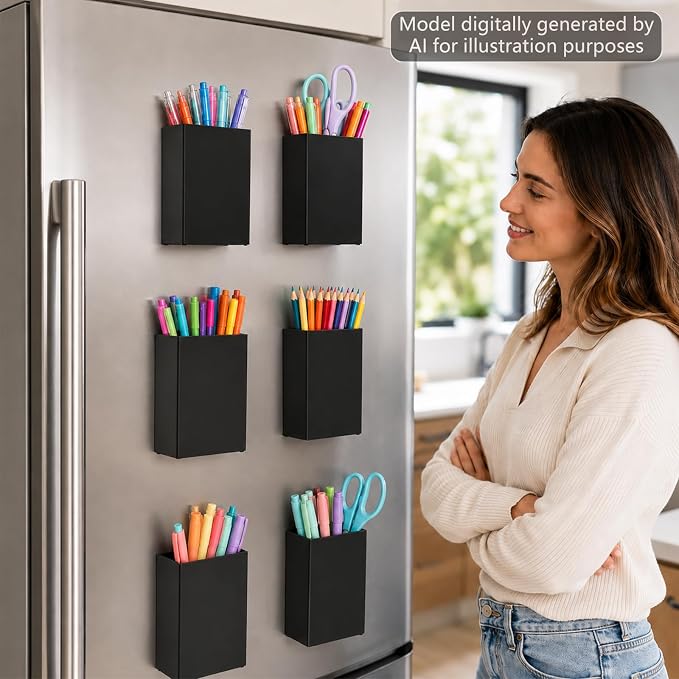 6 Pcs Classroom Magnetic Storage Boxes Acrylic Pencil Pen Holder Cup Storage Organizer Magnetic Dry Erase Marker Holder Containers for Whiteboard Refrigerator Locker Home Office School (Black)