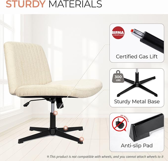 Orange Factory Criss Cross Chair, Wide Fabric Vanity Seat, Beige No Wheel | Cozy Cross-Legged Comfort, 360° Swivel, Height Adjustable, Durable Base and Comfy Seating for Office, Desk, or Computer Use