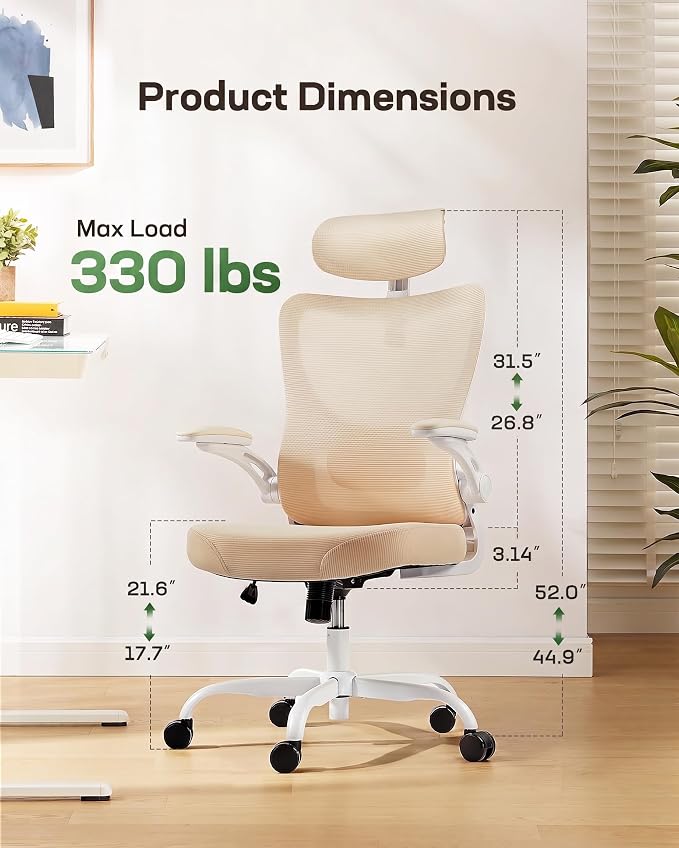Marsail Ergonomic Office Chair: Office Computer Desk Chair with High Back Mesh and Adjustable Lumbar Support Rolling Work Swivel Task Chairs with Wheel 3D Armrests and Headrest (White)