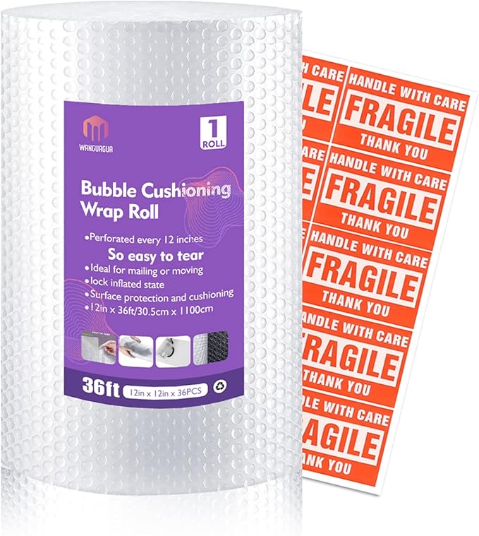 1 Roll 12" X 36' Perforated Nylon Bubble Packing Wrap for Moving Boxes Shipping Cushioning Supplies Wanguagua