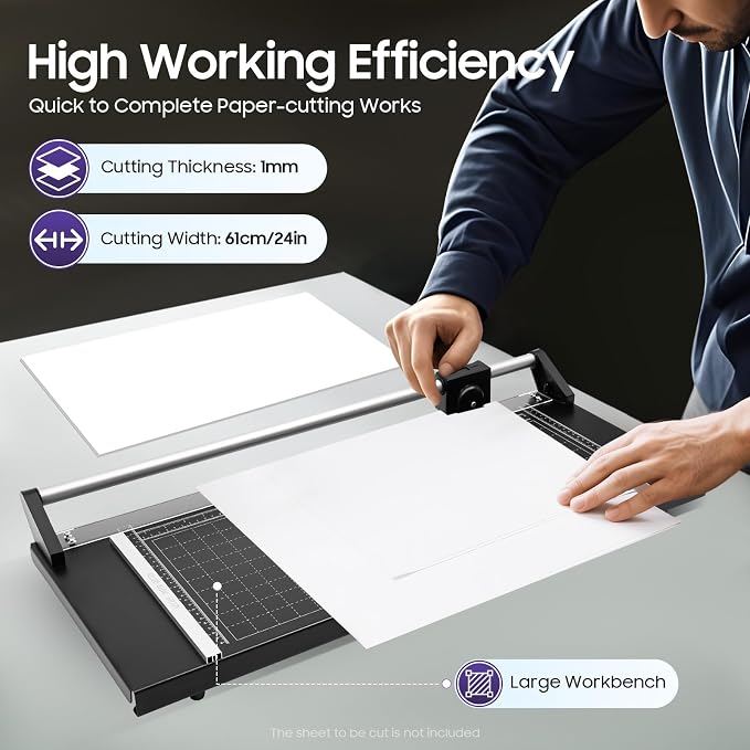 24 Inch Precision Rotary Paper Cutter, Desktop Office Paper Trimmer, Manual Straight Paper Trimmer with Roller Cutter Head and Round Blade for Photos, Cards, Decals