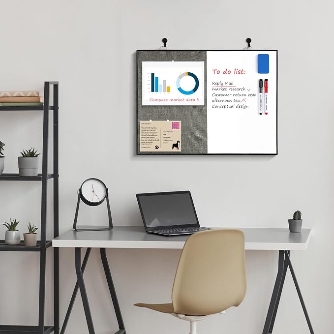 Cork Board White Board Combo | 24"X18" Linen Bulletin Whiteboard for Wall, Double-Sided Magnetic Dry Erase Corkboard for Home, Office, School, Dark Grey