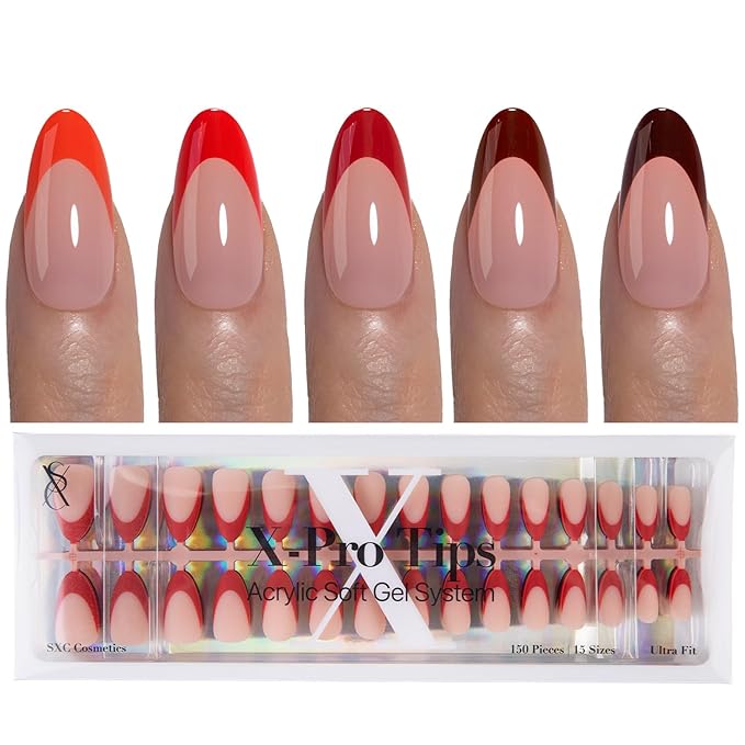 SXC Cosmetics French Tip Press On Nails 150 Pieces in 15 Sizes Ultra Fit with Pre-applied Tip Primer and Base Coat, No Need to File Fake Nails for Nail Art DIY X-Pro Tips (5RED115-M Almond)
