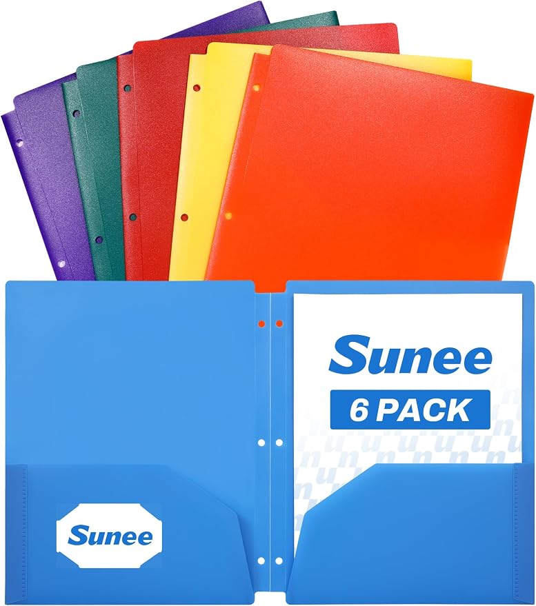 SUNEE 3 Hole Folders with Pockets (6 Pack, Assorted Color) Plastic Folders for 3 Ring Binder, Heavy Duty Binder Folder for Document for School, Students, Teachers, Office Staf