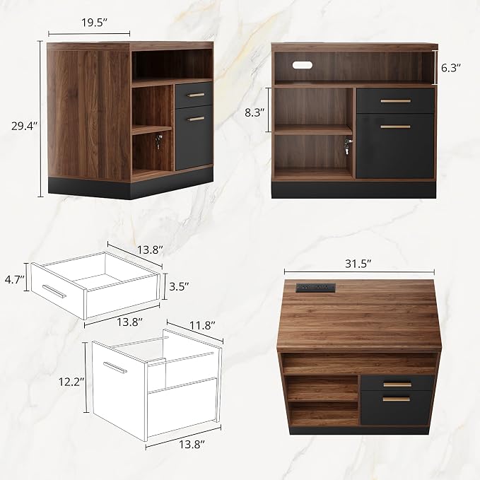2 Drawer Lateral File Cabinet with Lock for Home Office | Filing Cabinet for A4 / Letter Documents, 31.5"W * 19.5"D * 29.5"H, Credenza w/ Built-in Power Outlet, Printer Stand