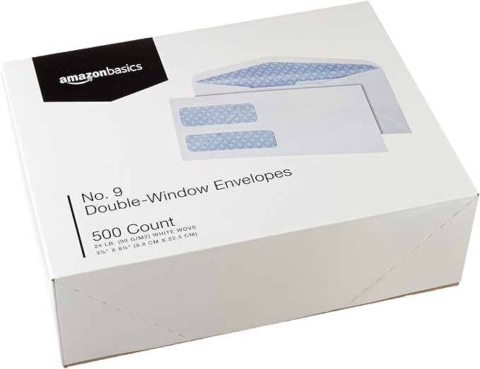 Amazon Basics #9 Double Window Security Gummed Business Envelopes for Invoices,500 Count, White