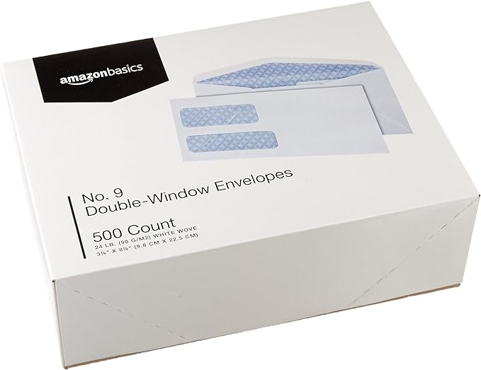 Amazon Basics #9 Double Window Security Gummed Business Envelopes for Invoices,500 Count, White