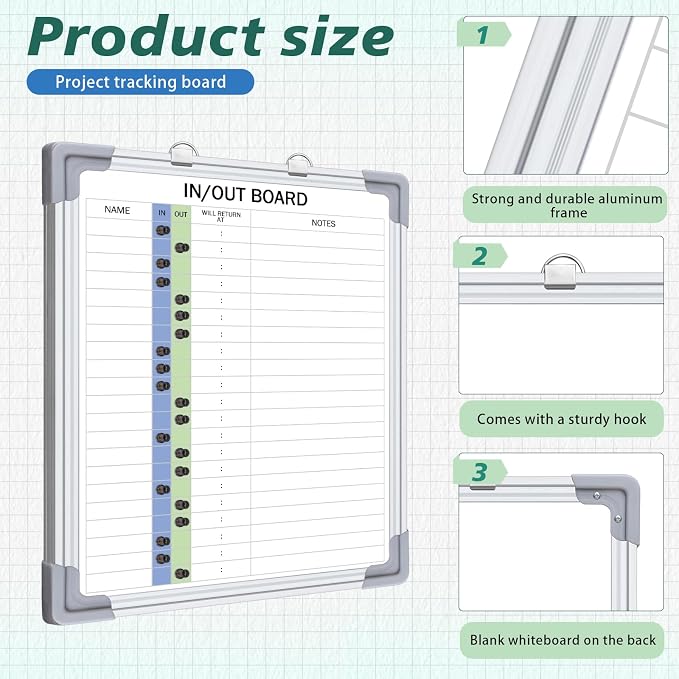 in and Out Magnetic Dry-Erase Board 16" x 12" Aluminum Framed White Board with Lines 21 Names with Magnetic Dry-Erase Marker, Eraser, and 20 Magnets Wall-Mounted for Office Employee