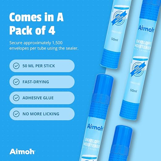 Aimoh Envelope Moistener & Envelope Sealer, Fast-Drying Adhesive 4-Pack | For envelopes, stamps & letters, Quick-drying, Clear finish, Non-toxic, 4 x 50ml, Home, office & school use (13454)