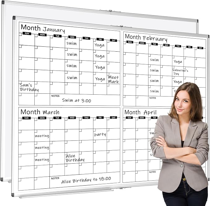 Large 48" x 36" Magnetic 4 Month Dry Erase Calendar White Board Foldable Whiteboard Calendar for Wall Mounted 2 in 1 Double Side Whiteboard with Dry Erase Board for Wall Office Home