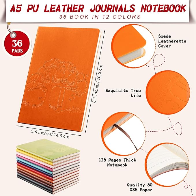 TaoBary 36 Pcs Employee Appreciation Gift A5 PU Leather Journals Bulk Colorful Tree Lined Journal Notebook Soft PU Leather Cover Ruled Writing Notebook for Office School Teacher Nurse (Bright Colors)
