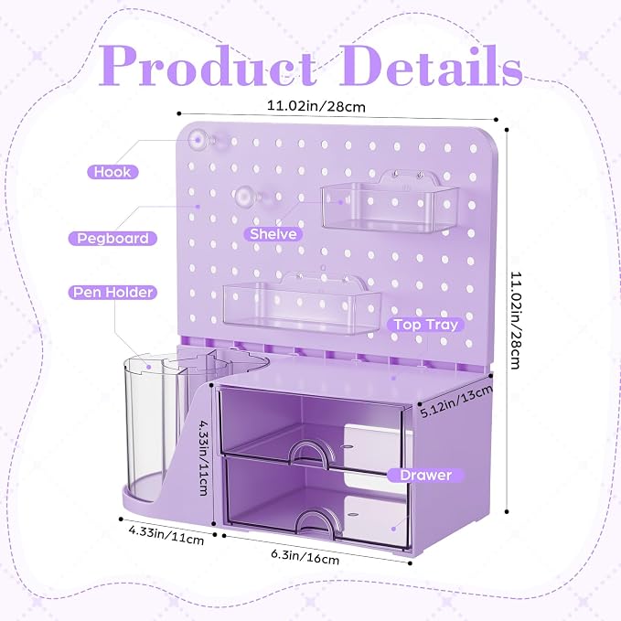 Novabright Desk Organizer with Drawers, Rotating Pen Holder with 5 Slots & Pegboard, Back to School & First Day of School Gifts, Multifunctional Desktop Storage for Desk Home Office Supplies(Purple)