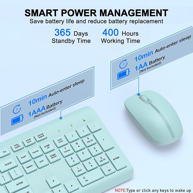 Wireless Keyboard and Mouse Combo, Full-Size Silent Ergonomic Keyboard and Optical Mouse, Long Battery Life, 2.4GHz Lag-Free Cordless Mice Keyboard for Computer, Mac, Laptop, PC, Windows(Green)