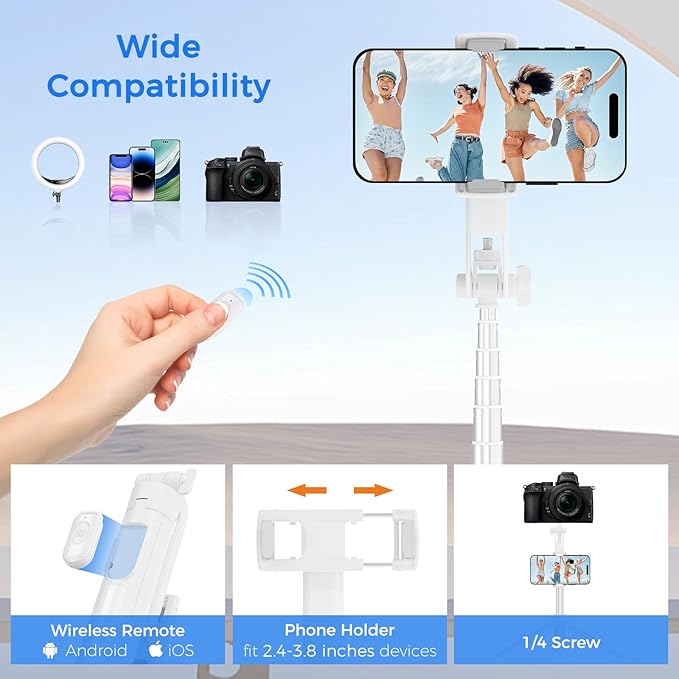 Selfie Stick Travel Tripod for Cell Phone with Remote Control and Phone Holder, Extendable Selfie Stick for iPhone, iPhone Tripod for Video Recording, 50 Inch, White
