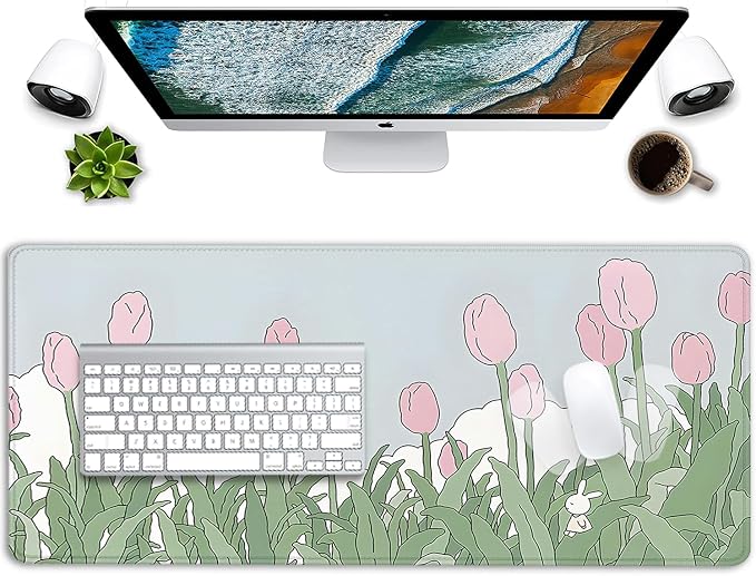 Tulip Flower Mouse Pads,Pink Mouse Pad for Woman,Large Desktop Mat for Keyboard and Mouse,XL Mousepad for Home Work Game(27.5X11.8 in)