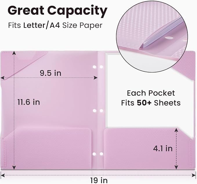 Sooez 4 Pack Plastic Folders with Pockets, Heavy Duty, Fits 3-Ring Binder | Pockets Folder for 3 Ring Binder with Writable Label, Letter Size, Pastels
