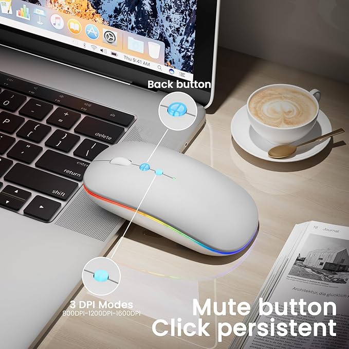 LED Wireless Mouse A100S Rechargeable Portable Silent Mouse with Optional USB and Type-C Receiver 3-Speed Adjustable DPI for PC/Mac/Laptop (Frosted Silver)