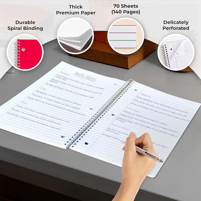 6 Pack 1 Subject Notebook Wide Ruled, 70 Sheets (140 Pages) | Thick No-Bleed Paper, 8 x 10-1/2", 3 Hole Punched Notebooks, Sturdy Back, Wide Ruled Notebook for School, Assorted Colors