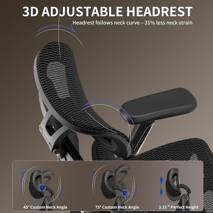 Mesh Office Chair, Ergonomic Office Chair, Home Office Desk Chairs with Headrest, 90-135° Tilt Lock and Breathable Backrest & Lumbar Support, 5D Armrest, Computer Chairs (Large Chair)