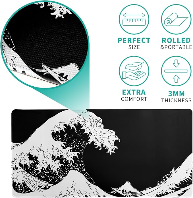 Japanese Sea Wave Large Mouse Pad, Abstract Black Gaming Mousepad, Extended Kanagawa Mat Desk Pad, 3mm Thick Long Non-Slip Rubber Base Mice Pad for Office and Home, 27.6x11.8 Inch
