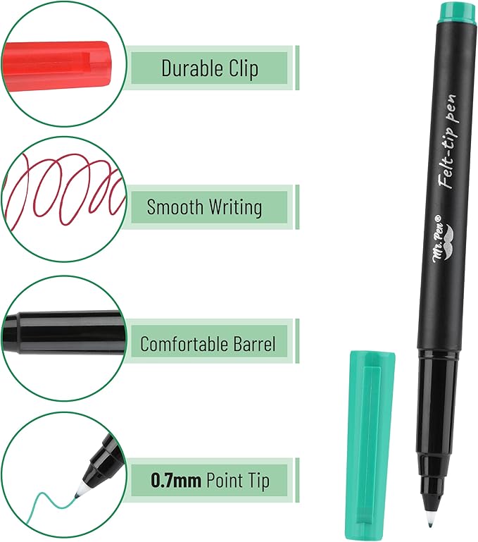 Mr. Pen- Felt Tip Pens, 16 Pack, 0.7mm Colorful Felt Pens, No Smear, Quick Dry